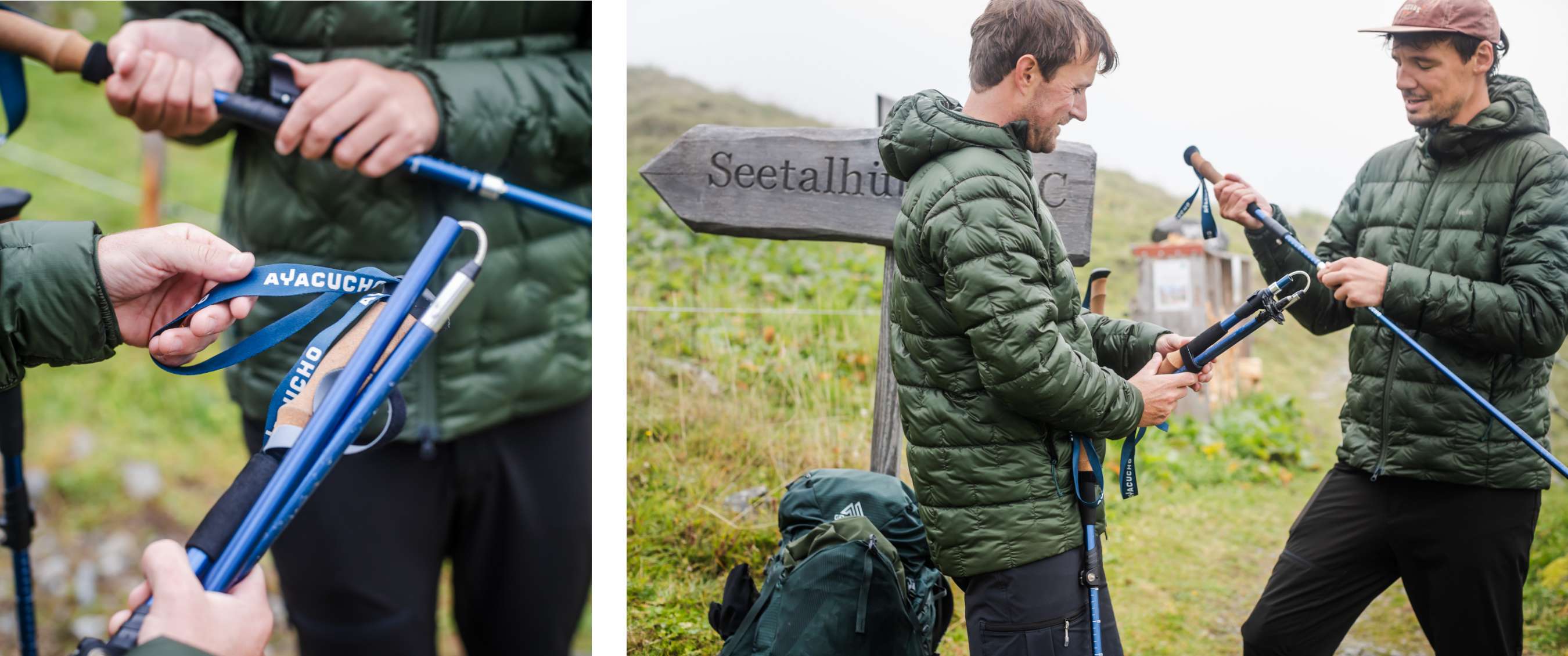 Deux images : Gros plan de mains tenant des bâtons de marche bleus avec logo Ayacucho visible, à droite deux randonneurs réglant leurs bâtons près d’un panneau en bois.
